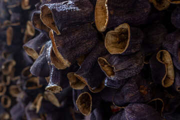 Dried eggplant. The dried ingredient hanging in the local bazaar in Turkey. Close Up and...
