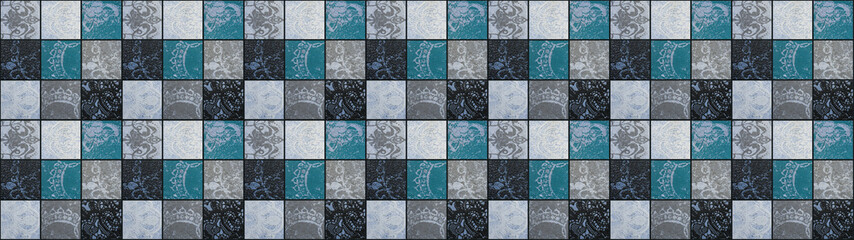 Old turquoise gray vintage worn shabby mosaic ornate patchwork motif porcelain stoneware tiles,...