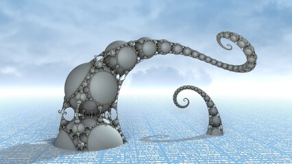 Bizarre 3D fractal landscape with recursive Kleinian structures.