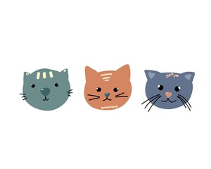 Illustration of cartoon kittens. Cute muzzles of cats for children's books, games, postcards.