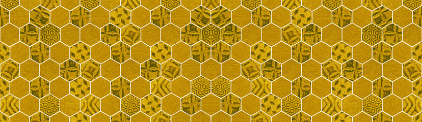 Abstract yellow seamless concrete cement stone mosaic tiles, tile mirror wall made of hexagonal...