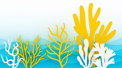 Fototapeta na wymiar Sea waves world ocean day design background. Hand drawn coral, 3d rendering.