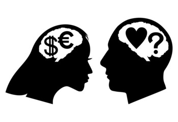 The relationship between men and women. The silhouette of the head of a man and a woman, a man thinks about love and problems, a woman thinks about money and wealth.