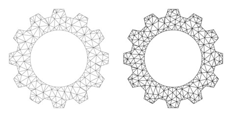Polygonal mesh cogwheel icons. Flat framework versions are created from cogwheel pictogram and mesh lines. Abstract lines, triangles and points are combined into cogwheel frame.
