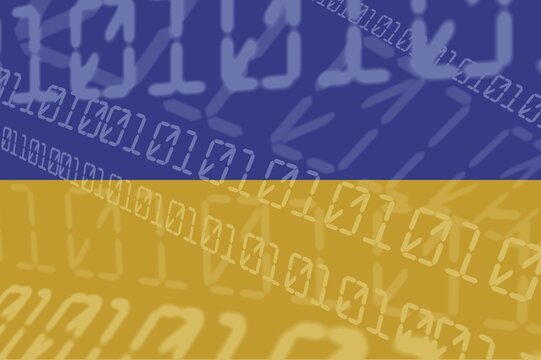 Binary code pattern on colors of flag of Ukraine background computer cyber technology concept.