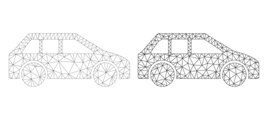 Polygonal mesh car icons. Flat model versions are created from car symbol and mesh lines. Abstract lines, triangles and points combined into car frame. Flat carcass mesh model for flat car symbol.
