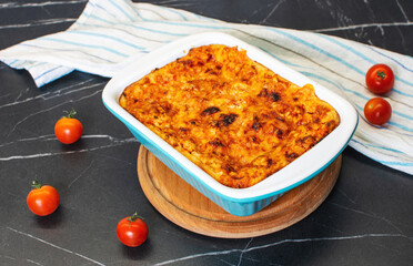 Traditional italian lasagna with minced meat and cheese