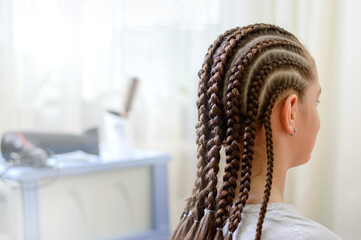 Girl in a hairdressing salon with a beautiful summer hairstyle in African style. Many thin braids on the girl's head - obrazy, fototapety, plakaty