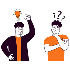 People talking and thinking.Two men talk.Businessmen discuss social network.Brainstorm doodle hand drawn elements.Light bulb with concept of new idea.Man holding up his index finger.