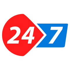 24-7 open concept. Twenty four hour open.Support service.Vector flat illustration.Steady available services.24 hours a day and 7 days a week. Isolated on white background.