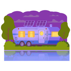 Eco-friendly motorhome.Solar panel van caravan.Renewable energy concept.Night tourist camp.Portable solar photovoltaic panel.Rv camper.Vector flat illustration.Mobile home.