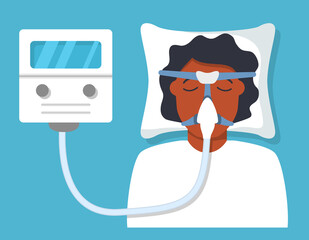 Continuous positive airway pressure.Obstructive sleep apnea.African american man lying on bed.Cpap mask.Patient in hospital cpap therapy.mask fitted over a head. The guy with the oxygen mask fitted ov