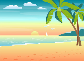 The beach in the evening sunset. Beautiful landscape, sea with palm trees, 