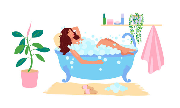 A woman takes a bubble bath. A girl relaxing in a bubble bath. Bathroom interior