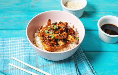 Homemade sesame Chicken served with Jasmine white rice