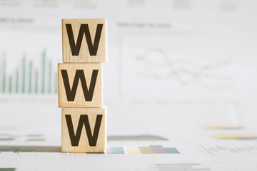 WWW inscription on wooden blocks against white financial background.