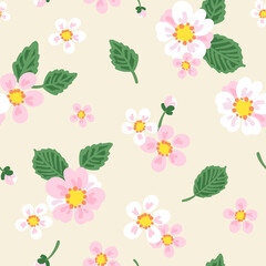 Sophisticated seamless floral repeat pattern with apple blossom flowers on cream. Strawberry, cherry blossom, shabby chic cottagecore flower