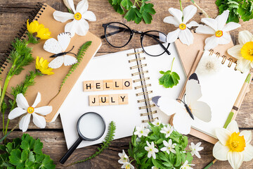 Hello July card, open notebook, flowers and herbs, butterfly, pen, magnifier, glasses on wooden background. Office desk table. Eco friendly, education, botanic, summer, zero waste, ecology concept © missmimimina