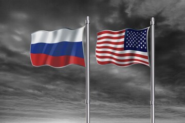 Flag usa and Russia on dark sky background