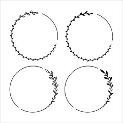 Set of 4 hand drawn spring wreaths isolated on white background, vector. Outline frames of leaves. Doodle style.Collection of floral monogram frames.