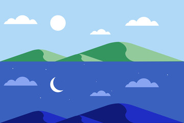 Fototapeta premium Day and night background illustration.Day and night contrast landscapes side by side. 