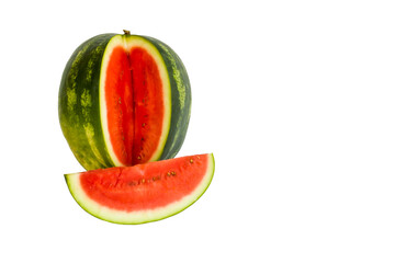 A slice of cut watermelon isolated on white surface with copy space