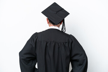 Middle age university graduate man isolated on white background in back position