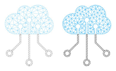 Polygonal mesh cloud network icons. Flat carcass variants are created from cloud network pictogram and mesh lines. Abstract lines, triangles and points are organized into cloud network mesh.