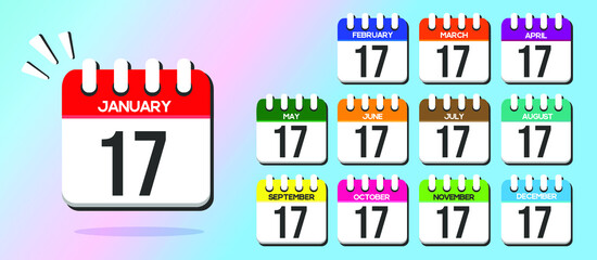 Day 17. Calendars with the 1st of each month, in vector and different colors