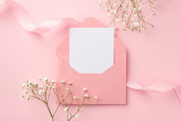 Wedding invitation concept. Top view photo of open pink envelope with paper card pink curly ribbon...