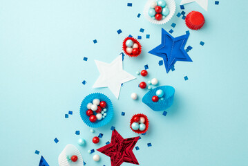 USA Independence Day concept. Top view photo of blue red and white stars confetti and paper backing...