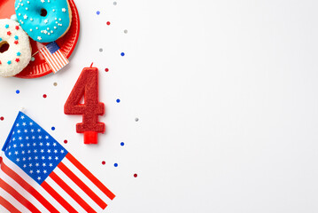 Obraz premium USA Independence Day concept. Top view photo of US national flags number 4 candle confetti and plate with glazed donuts on isolated white background with copyspace