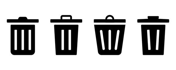 Trash can icon set. Recycle bin symbol. Trash bin silhouette. Recycle symbol in black. Dustbin sign in glyph. Stock vector illustration