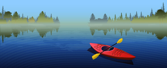 Kayaking at sunset on a calm lake. Kayaking in a peaceful lake in Colorful Sunset Sky Art. Red kayak on the beautiful lake with forest.