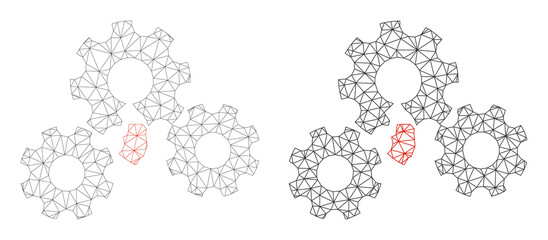 Polygonal mesh broken gear mechanism icons. Flat model versions are created from broken gear mechanism icon and mesh lines. Abstract lines,