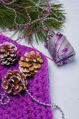 Merry Christmas composition. Flatlay of purple scarf, pine tree branch with silver toy, beads and painted cones. Vertical shot