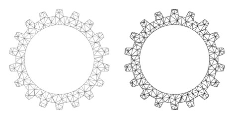 Polygonal mesh cogwheel icons. Flat model variants are created from cogwheel pictogram and mesh lines. Abstract lines, triangles and points are organized into cogwheel carcass.