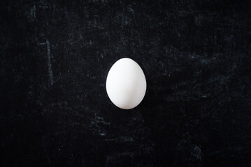 Top view of simple organic white egg on dark moody background.