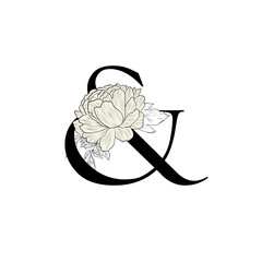 Black ampersand with line art peony bouquet