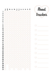 Year in pixels, mood tracker in hearts template. Habit diary blank for bullet journal. Monthly planner vertical orientation.