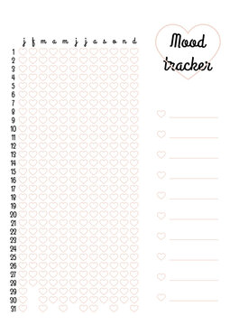 Year in pixels, mood tracker in hearts template. Habit diary blank for bullet journal. Monthly planner vertical orientation.