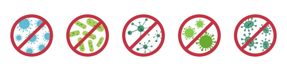 Stop Virus and germ vector sign set. Collection of signs for disinfectant or antiseptic
