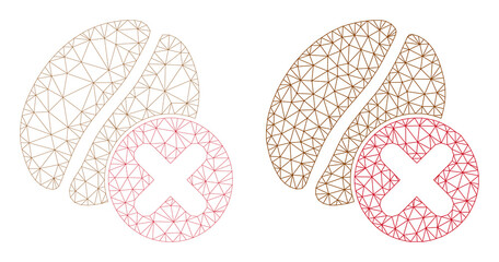 Polygonal mesh cancel coffee bean icons. Flat frame versions created from cancel coffee bean symbol and mesh lines. Abstract lines, triangles and points are combined into cancel coffee bean frame.