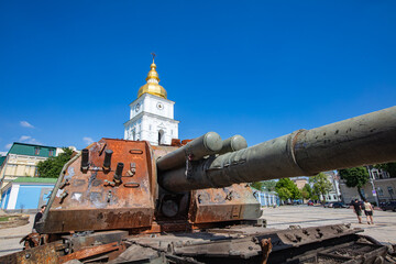 Fototapeta na wymiar Exhibition of destroyed Russian military equipment on Saint Michael's Square in Kyiv, Ukraine