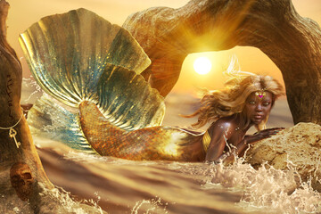 Fantasy Mermaid banner on a golden beach with a magnificent sunset.  The mermaid is  3D rendered model