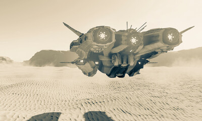 super alien spaceship is passing by on the desert of sand in mars rear view