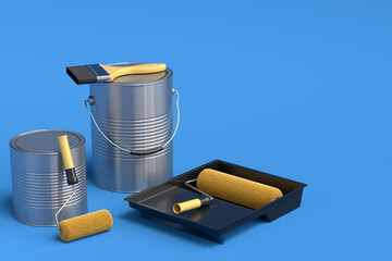 Set of metal cans or buckets with paint roller and tray on blue background.