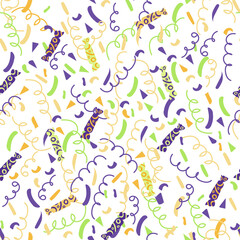 Seamless bright birthday pattern. Petard, ribbons and candy. Doodle style. Vector illustration