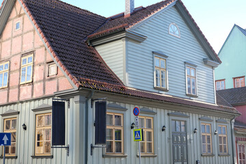 The resort town of Parnu in Estonia with beautiful wooden houses with triangular roofs