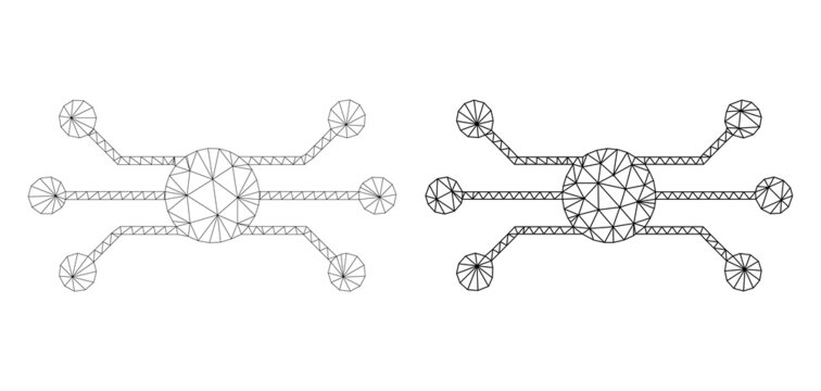 Polygonal mesh circuit node icons. Flat structure variants created from circuit node symbol and triangulated lines. Abstract lines, triangles and points are organized into circuit node mesh.